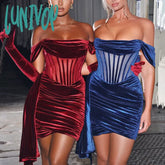 Lunivop Off The Shoulder Velvet Dress Elegant Wine Red Bodycon Night Evening Party Dresses Draped